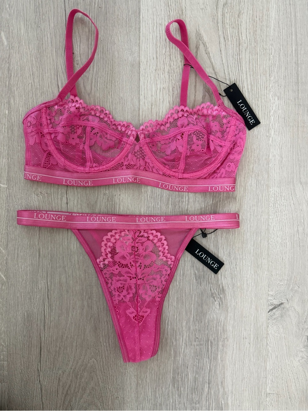 Lounge Hot Pink Lace Underwire Balconette Bra & Thong Set